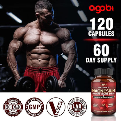 Magnesium Triple Complex - 600mg Magnesium Glycinate, Malate & Citrate - Added Spinach, Swiss Chard & Others - Support Calm, Restful Mood & Muscle Cramp - 120 Capsules