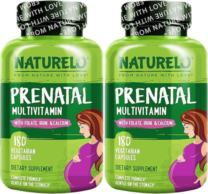 NATURELO Prenatal Multivitamin with Gentle Chelated Iron, Methyl Folate, Plant Calcium & Choline - Vegan, Vegetarian - Non-GMO - Gluten Free - 180 Capsules - 4 Month Supply (Pack of 2)