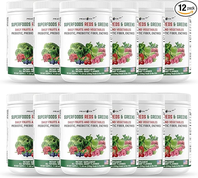 Superfood Reds & Greens Powder - 139.68 oz (Pack of 12), Prebiotics & Probiotics for Digestive Health, Super Greens Powder with Ashwagandha for Gut Health, Immunity, Antioxidants, Vegan