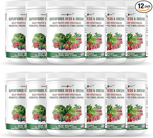 Superfood Reds & Greens Powder - 139.68 oz (Pack of 12), Prebiotics & Probiotics for Digestive Health, Super Greens Powder with Ashwagandha for Gut Health, Immunity, Antioxidants, Vegan