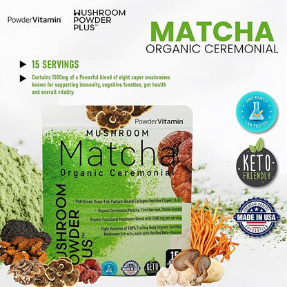 Organic Mushroom Matcha Powder Certified Pesticide-Free Grass-Fed Collagen Types I & III, 8 Fruiting Body Mushrooms Tested for Beta-Glucans Focus Digestion & Immunity 15 Servings