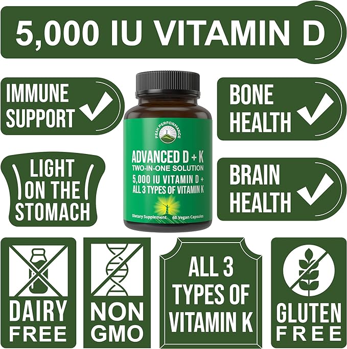 Peak Performance Advanced Vitamin D 5000 IU with All 3 Types of Vitamin K Vitamin D3 and Vitamin K2, K1, MK-7 (MK7), MK4 Supplement. 60 Small and Easy to Swallow Vegetable Pills (5000 IU)