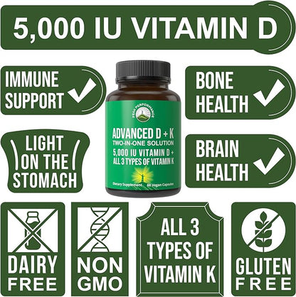 Peak Performance Advanced Vitamin D 5000 IU with All 3 Types of Vitamin K Vitamin D3 and Vitamin K2, K1, MK-7 (MK7), MK4 Supplement. 60 Small and Easy to Swallow Vegetable Pills (5000 IU)