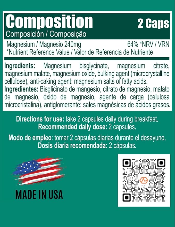 Magnemax Fast Absortion Magnesium Chloride, Malate Glycinate and Threonate combinated Capsules, Support for The Nervous System and Healthy Bone, Muscle and Heart Function, Vegan, Keto, Paleo