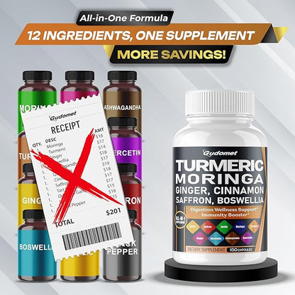 Turmeric Moringa Ginger Boswellia Quercetin Cinnamon Saffron Tart Cherry Odorless Garlic Nettle -150 Capsules- Made in USA