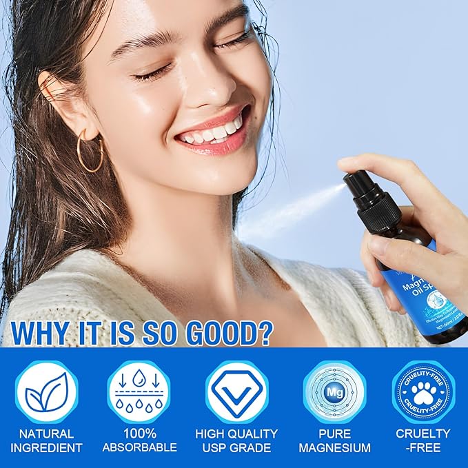 Magnesium Spray, Pure Magnesium Oil Spray for Feet, Organic Natural Ingredient in Glass Bottle, Easy to Absorb and Use