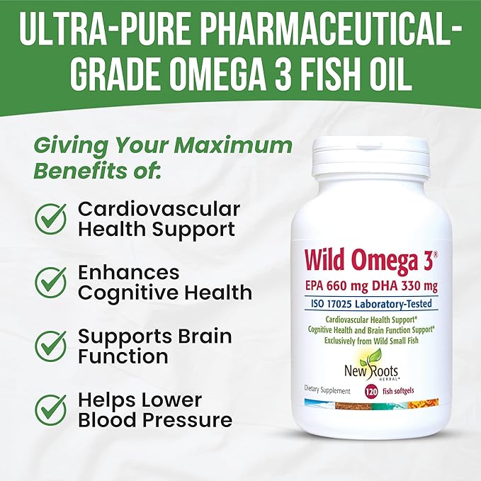 New Roots | Wild Omega 3 Fish Oil Supplement | Ultra Pure Pharmaceutical-Grade with Highest Concentration Vitamin E (60 Softgels), Best EPA DHA Ratio 2:1 for Optimal Heart and Brain Health