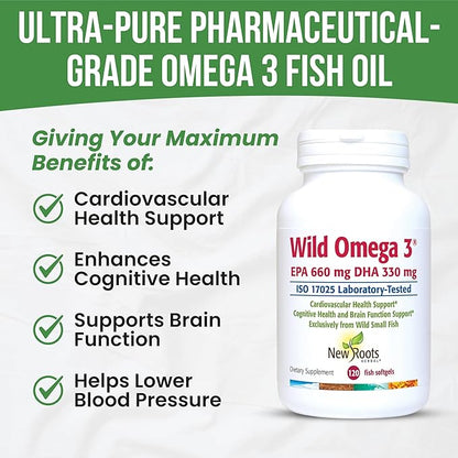 New Roots | Wild Omega 3 Fish Oil Supplement | Ultra Pure Pharmaceutical-Grade with Highest Concentration Vitamin E (60 Softgels), Best EPA DHA Ratio 2:1 for Optimal Heart and Brain Health