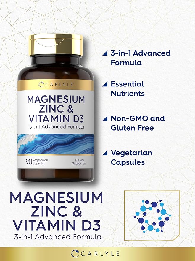 Carlyle Magnesium Zinc and Vitamin D3 | 90 Capsules | 3-in-1 Advanced Formula | Vegetarian, Non-GMO and Gluten Free