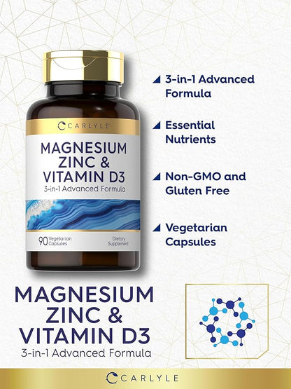 Carlyle Magnesium Zinc and Vitamin D3 | 90 Capsules | 3-in-1 Advanced Formula | Vegetarian, Non-GMO and Gluten Free