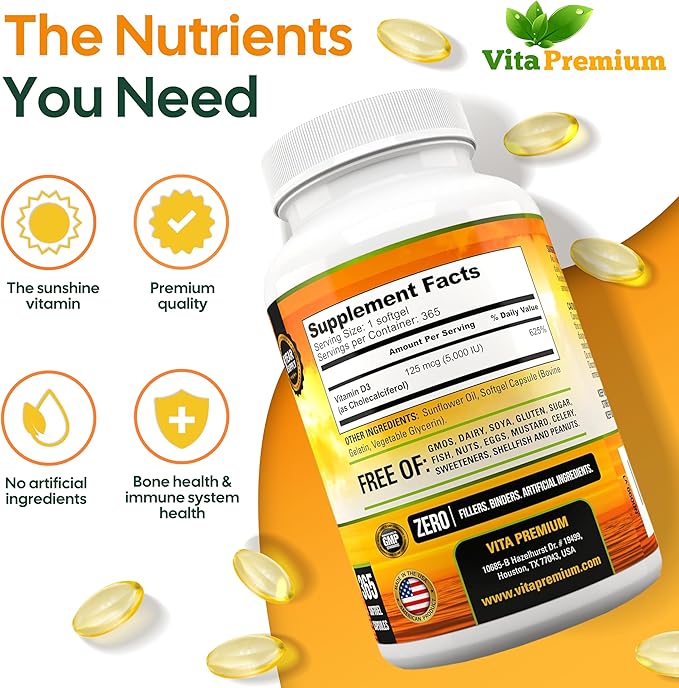 Vitamin D3 5000 IU, 365 Easy-Swallow Softgels, High Strength Vitamin D 5000 IU Supplement - Full Year Supply