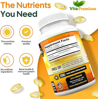 Vitamin D3 5000 IU, 365 Easy-Swallow Softgels, High Strength Vitamin D 5000 IU Supplement - Full Year Supply