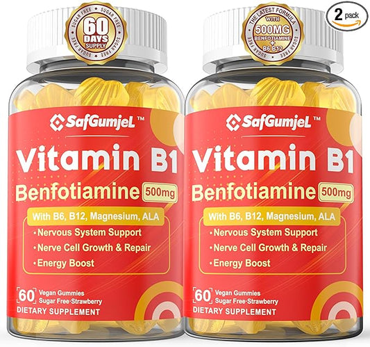Vitamin B1 Gummies - Benfotiamine 500mg, Vitamin B1 B6 B12 Complex, 3.6X More Effective Than Thiamine, Carbohydrate & Energy Plus Healthy Nervous System, 2 Pack