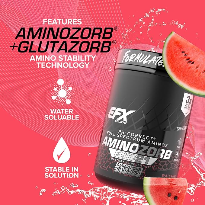 EFX Sports Aminozorb Elite 21 | PH-Correct, Full Spectrum Aminos + Glutamine | Essential & Non Essential Aminos | Zero Sugars | 30 Servings (Watermelon)