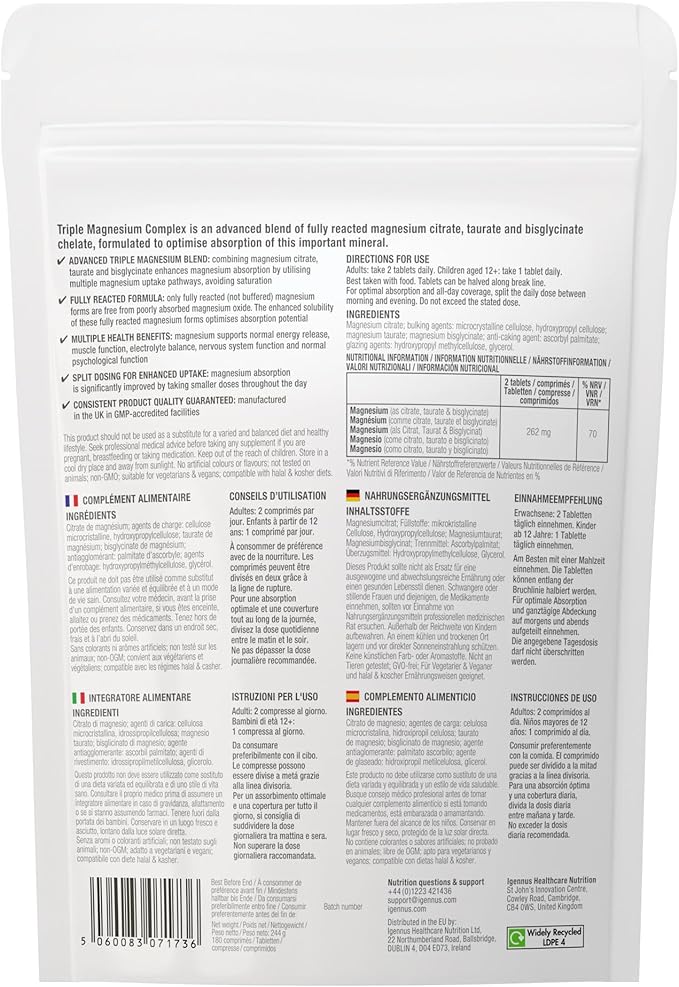 Igennus Advanced Triple Magnesium Complex, Fully Reacted & Chelated Glycinate, Taurate & Citrate, Clean Label, High Bioavailability & Absorption, 180 Tablets, Vegan, Non-Buffered