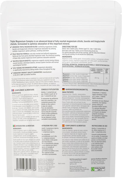 Igennus Advanced Triple Magnesium Complex, Fully Reacted & Chelated Glycinate, Taurate & Citrate, Clean Label, High Bioavailability & Absorption, 180 Tablets, Vegan, Non-Buffered