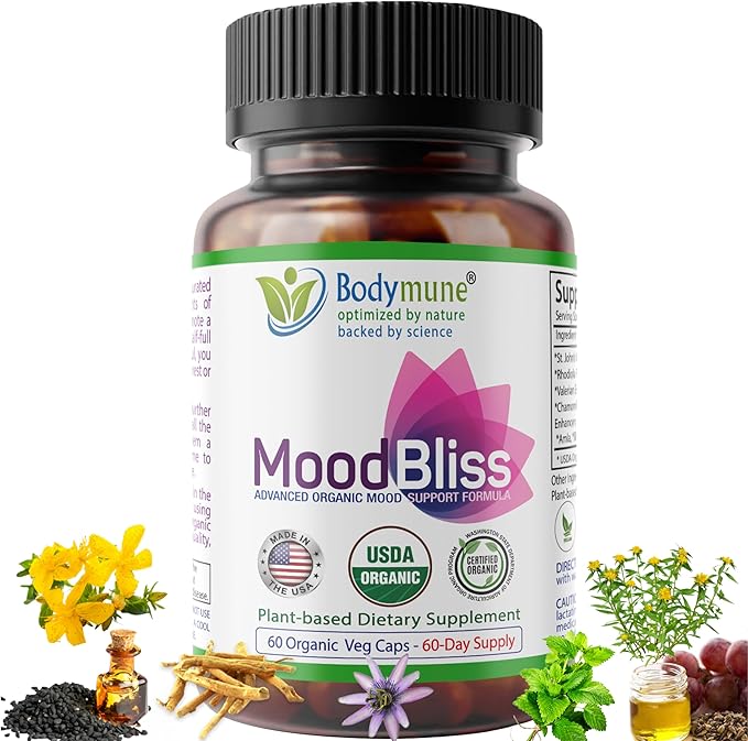 MoodBliss Mood Support Supplement, USA-Made USDA Organic Plant-Based Superfood for Stress Relief, Calm Mind & Body w/St John’s Wort Rhodiola Ashwagandha Valerian Medicinal Oils & More 60 ct