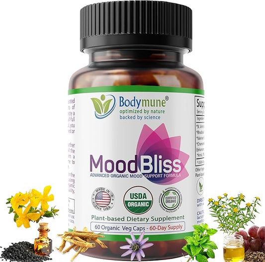 MoodBliss Mood Support Supplement, USA-Made USDA Organic Plant-Based Superfood for Stress Relief, Calm Mind & Body w/St John’s Wort Rhodiola Ashwagandha Valerian Medicinal Oils & More 60 ct