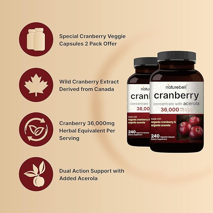 NatureBell 2 Pack Cranberry Pills 36,000mg with Acerola, 480 Total Veggie Capsules | 100:1 Fresh Cranberries Extract – Organic Ingredients – Supports Urinary Tract Health – Sugar Free