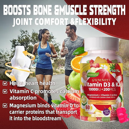 Sugar-Free Vitamin D3 K2 Gummies with Calcium + K2 (MK-7), Magnesium Citrate, Vitamin C, Extra Strength - Ultimate Absorption for Bone Muscle Teeth Immune, Vegan - 60 Gummies