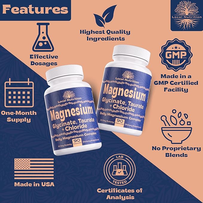 Triple Magnesium Complex 500mg from Magnesium Glycinate 1250mg, Magnesium Taurate 625mg, Magnesium Chloride 500mg - Premium, High Absorption Chelated Magnesium Supplement - 90 Capsules Made in USA