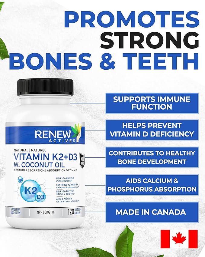 Renew Actives D3 K2 Supplement with Coconut Oil 1000 IU per Serving- Promotes Immune Function, Bone Health & Teeth, Enhances Calcium Absorption for Optimal Wellness - Made in Canada - 120 Softgels