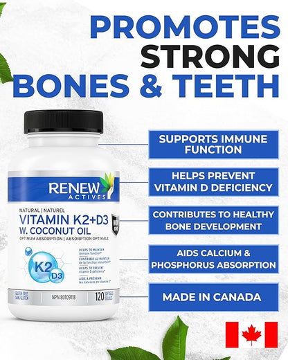 Renew Actives D3 K2 Supplement with Coconut Oil 1000 IU per Serving- Promotes Immune Function, Bone Health & Teeth, Enhances Calcium Absorption for Optimal Wellness - Made in Canada - 120 Softgels