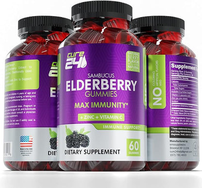 Sambucus Elderberry Gummies + Vitamin C + Zinc for Kids & Adults, X3 Immune Support, Natural Flavors + Ingredients, Vegan, Non-GMO, Made in USA (60)