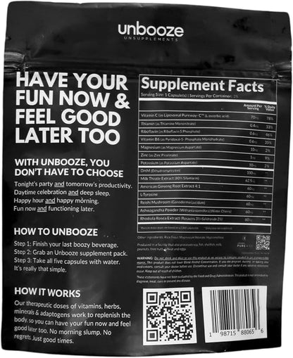 Unbooze - Post-Party Capsules - Feel Better After Drinking - Supplement: Vitamins, Herbs, Minerals, & Adaptogens - Better-for-You Way to Booze - Made for Smooth Mornings - After Last Drink (5 Pack)