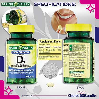 Spring Valley Vitamin D3 Softgels 125 mcg per Soft Gel 5,000 IU 100 Ct 4 pk (400 Total) + Vitamin Guide & Pill Container (6 Items)!