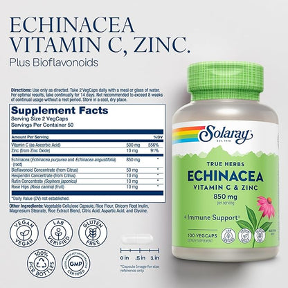 SOLARAY Echinacea Vitamin C & Zinc 850mg Plus Bioflavonoids, Echinacea Capsules for Healthy Immune Support, Vegan, Lab Verified, 60-Day Money-Back Guarantee, 50 Servings, 100 VegCaps