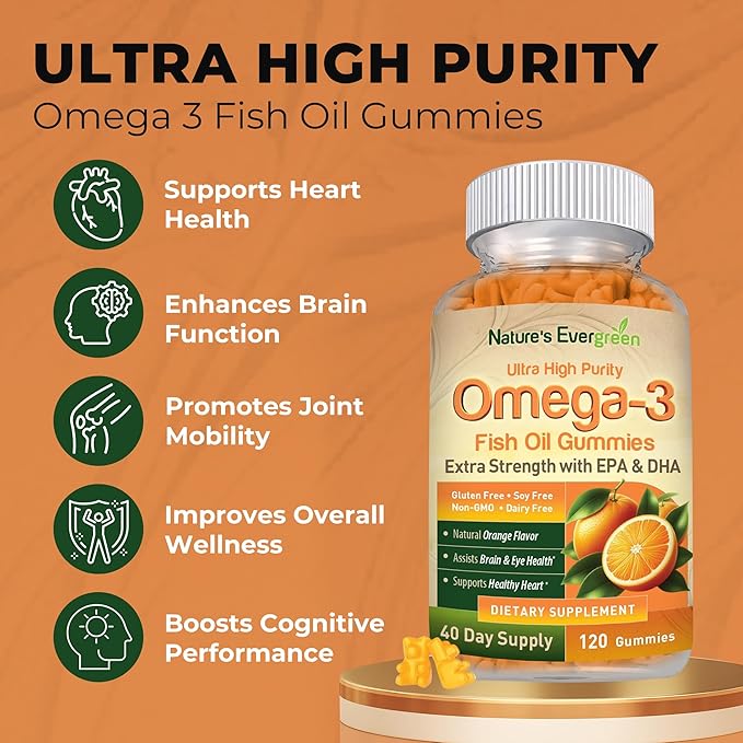 Extra Strength Omega 3 Fish Oil Gummies with DHA & EPA | Ultra High Purity Omega 3 Gummy Supplement for Healthy Heart, Joint & Brain Support | Nature's Vitamins, Orange Flavor | 120 Gummies