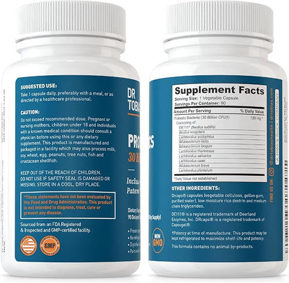 Dr. Tobias Probiotics 30 Billion, 10 Strains, 30 Billion CFU's, Targeted Release Probiotics for Women & Men, Supports Digestive Health, Shelf-Stable, Non-GMO, 90 Capsules, 90 Servings