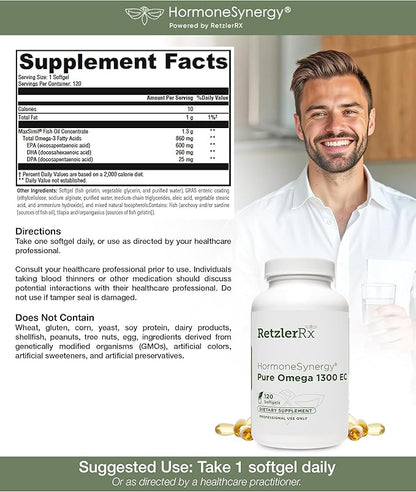 Omega 1300 EC Fish Oil Softgels - High-Strength Omega 3 Supplement with Enhanced Absorption - IFOS Verified, Enteric Coated, 600mg EPA, 260mg DHA - 120 Count