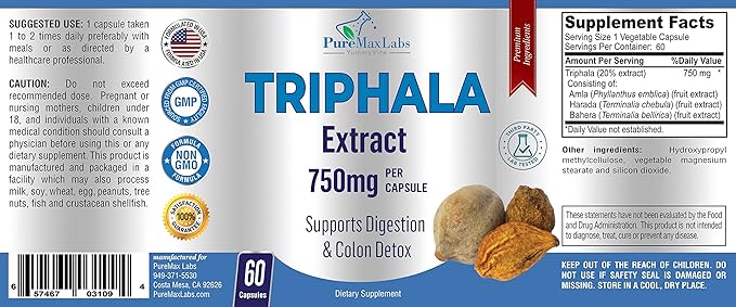 Triphala Capsules - Combination of Amla, Harada (Haritaki) & Bahera (Bibhitaki) - Digestion & Colon Support, Immune System Support - 60 Capsules