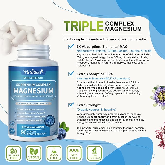 Magnesium Complex Chelated Magnesium Glycinate w/Malate, Taurate& Herbal Extracts for Support Sleep, Muscle,Cortisol & Heart Health, Gluten Free, Vegan, Non GMO, High Absorption, 90 Capsules