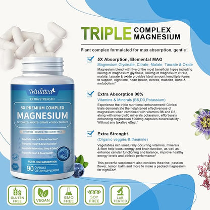 Magnesium Complex Chelated Magnesium Glycinate w/Malate, Taurate& Herbal Extracts for Support Sleep, Muscle,Cortisol & Heart Health, Gluten Free, Vegan, Non GMO, High Absorption, 90 Capsules