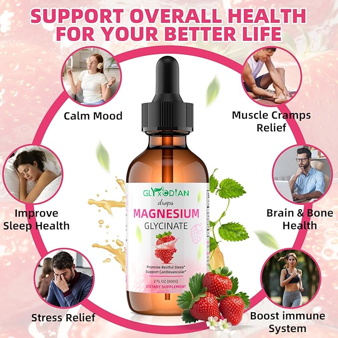 Magnesium Glycinate Drops, Magnesium Complex Supplement Liquid with L-Theanine Ashwagandha Supports Muscle, Energy, Memory, Sleep, Mood, Bone, Health Vegan, Non-GMO (2 Fl Oz, Berry Flavor)