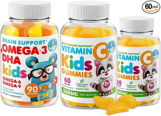 Omega 3 DHA Gummies and Vitamin C Gummies for Kids & Adults - Immune Support Low-Sugar Chewable Gummy Vitamins for Toddlers - Vegetarian Gelatin-Free Children's Supplement