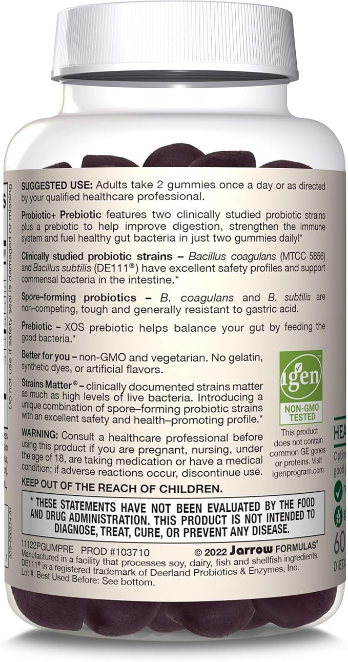 Jarrow Formulas Probiotic+ Prebiotic 2 Billion Live Cells Supplement, Digestive Health and Immune Support, 60 BlackBerry Flavor Probiotic+ Prebiotic Gummies, 30 Day Supply