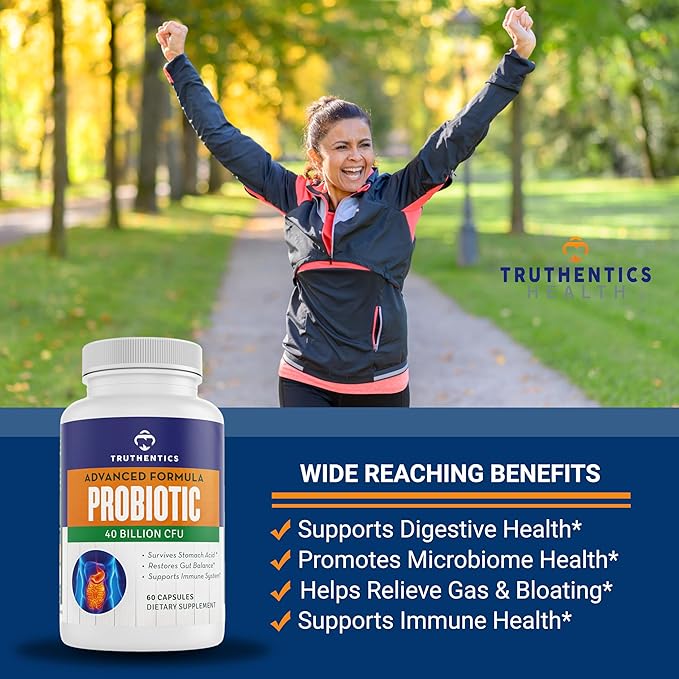 TRUTHENTICS Probiotic 40 Billion CFU with Prebiotics - Bifidobacterium Lactobacillus Acidophilus & Paracasei Probiotics for Men & Women - Gluten Free, Non-GMO, Shelf Stable - Made in USA - 60 Capsules