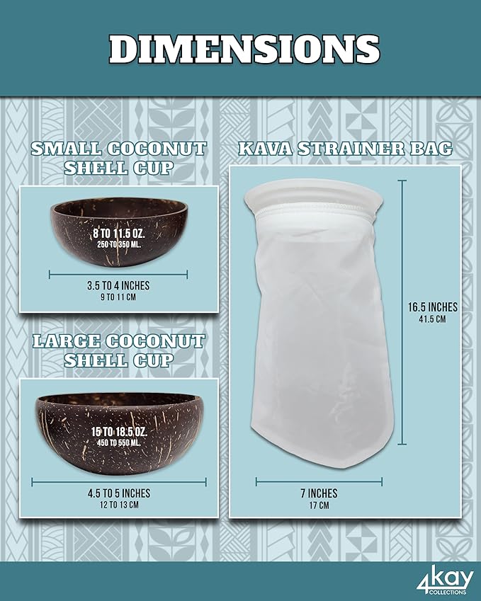 Premium Kava Strainer Bag with 2 Traditional Coconut Shell Cups - Reusable Kava Accessories Bundle - 3 Items