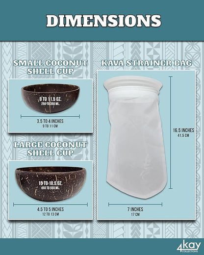 Premium Kava Strainer Bag with 2 Traditional Coconut Shell Cups - Reusable Kava Accessories Bundle - 3 Items