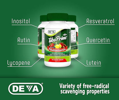 DEVA Tuba Prime Vegan Multivitamin Iron-Free - High-Potency Vitamin & Mineral Dietary Supplement - Antioxidants, Fruit & Vegetable Blend, Super Mushrooms, Probiotics, Prebiotics, Seeds, Herbs 90 Tabs