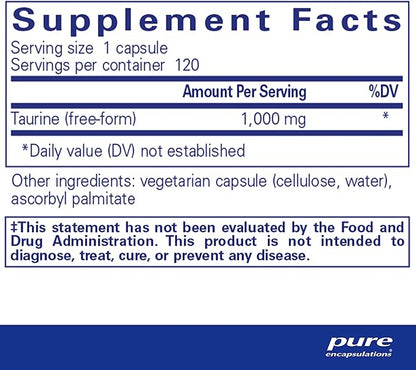 Pure Encapsulations Taurine 1,000 mg - Supports Heart Health & Detox - Essential Amino Acid - Liver & Gallbladder Health* - Vegan & Gluten Free - 120 Capsules