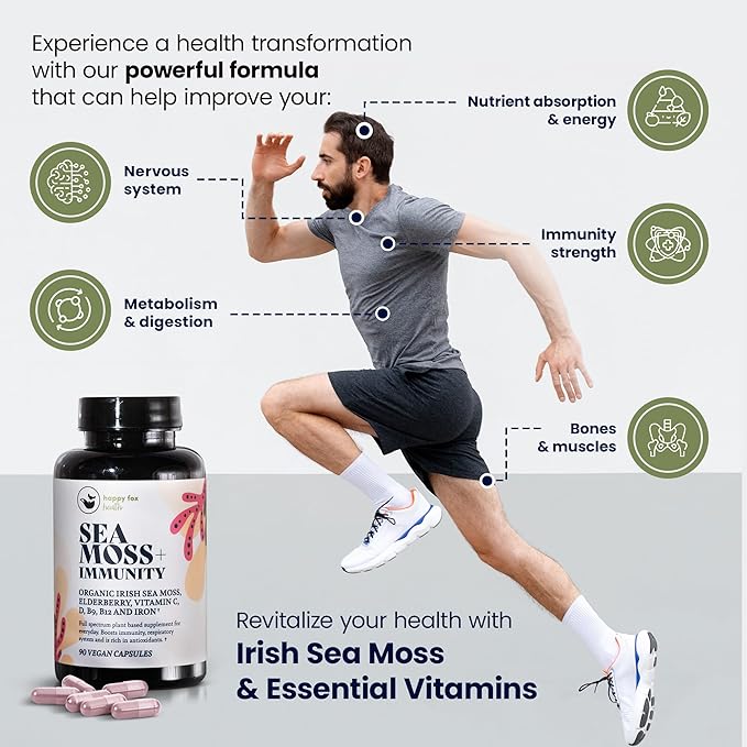 Purple Immunity Bundle - Organic Sea Moss Raw Purple & Organic Irish Sea Moss Capsules with Sambucus Elderberry for Immunity Defense, Vitamins C, D3, B9, B12, & Iron, 90 Count