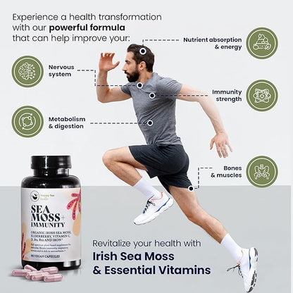 Purple Immunity Bundle - Organic Sea Moss Raw Purple & Organic Irish Sea Moss Capsules with Sambucus Elderberry for Immunity Defense, Vitamins C, D3, B9, B12, & Iron, 90 Count