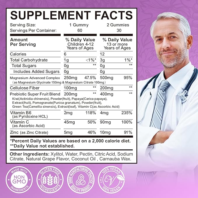 Magnesium Gummies for Kids - Magnesium Glycinate, Citrate, Prebiotic, Zinc - Kids & Adults Magnesium Complex Calm Gummies for Nerve Bone & Muscle Health for Kids Wellness, Vegan Grape Flavor 60 Count