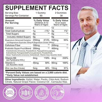 Magnesium Gummies for Kids - Magnesium Glycinate, Citrate, Prebiotic, Zinc - Kids & Adults Magnesium Complex Calm Gummies for Nerve Bone & Muscle Health for Kids Wellness, Vegan Grape Flavor 60 Count