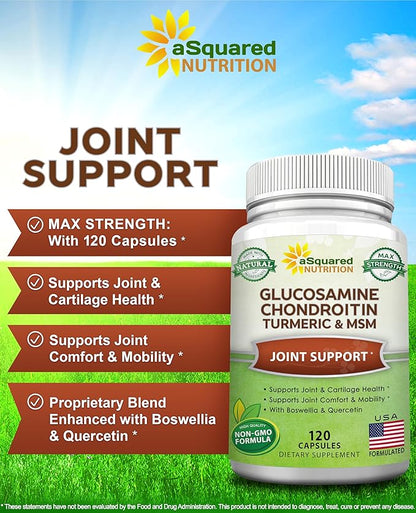 aSquared Nutrition Glucosamine Chondroitin Turmeric MSM Boswellia - 120 Capsules - Joint Support Supplement - Joint Support Relief Pills for Health - Natural Supplement for Back, Knee & Hands